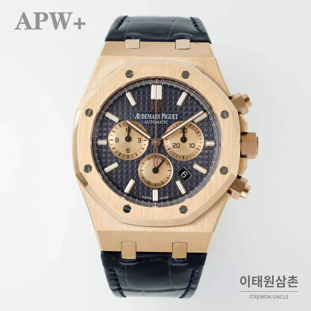 오데마피게 로열오크 크로노그래프 스틸 오토매틱 41mm 26331OR 네이비 다이얼 네이비 가죽 스트랩 로즈골드 베젤