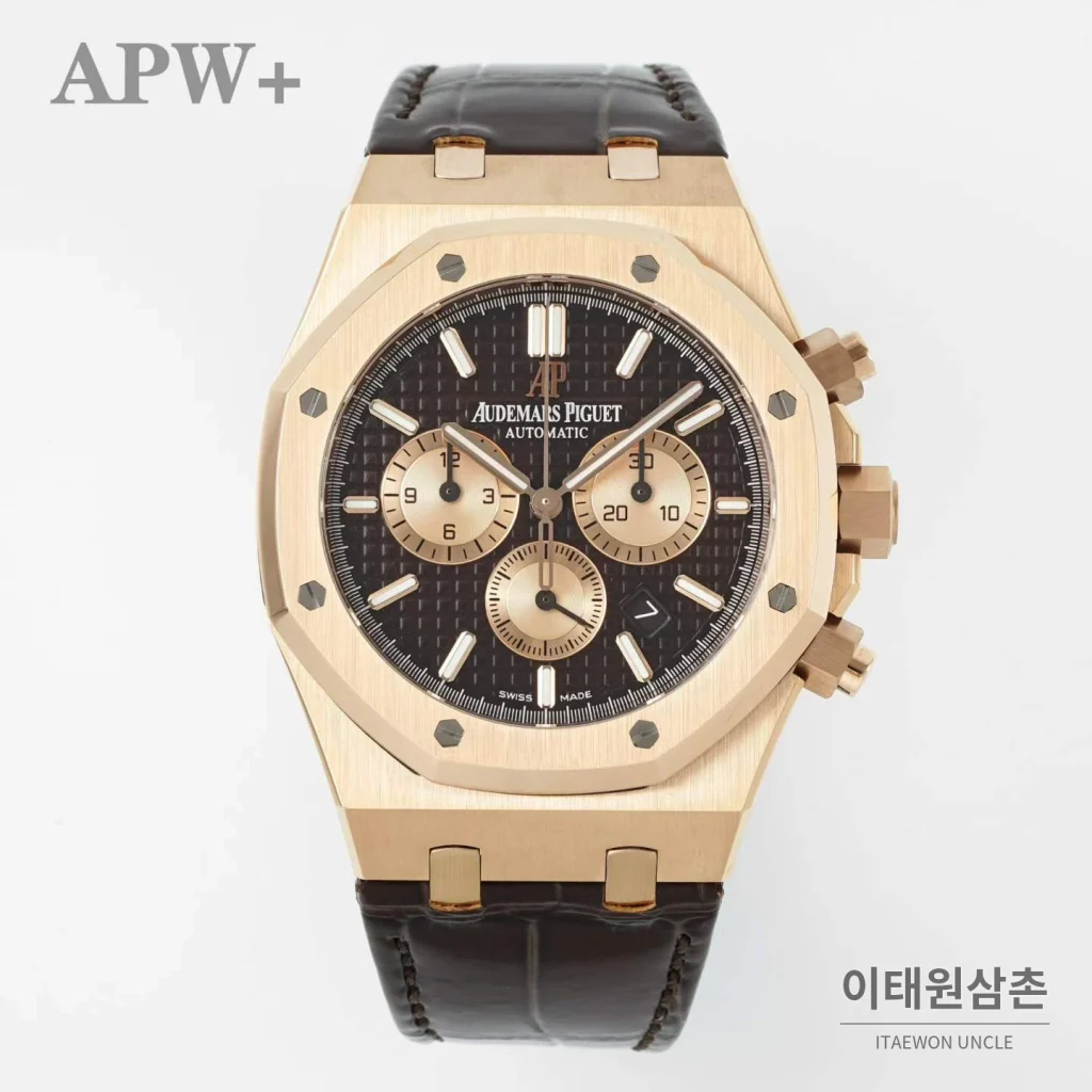 오데마피게 로열오크 크로노그래프 스틸 오토매틱 41mm 26331OR 블랙 다이얼 브라운 가죽 스트랩 로즈골드 베젤