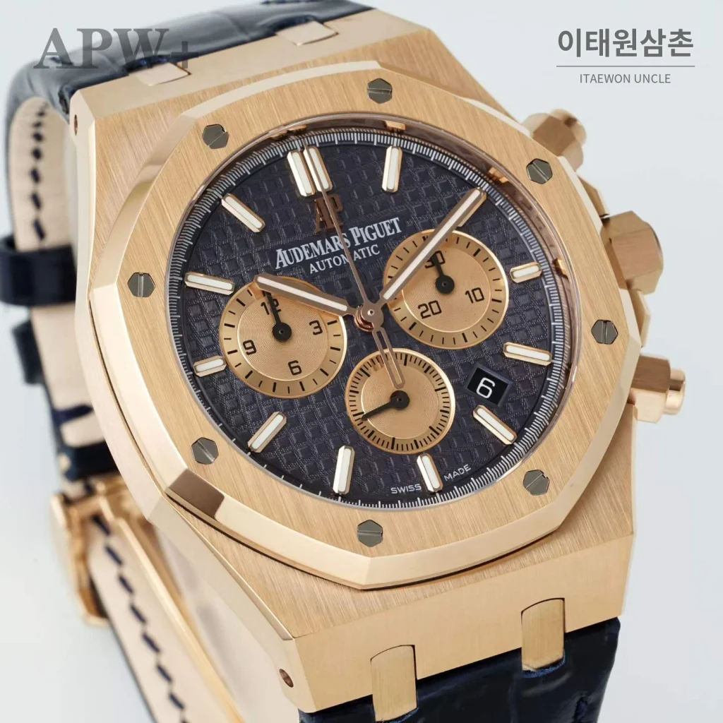 오데마피게 로열오크 크로노그래프 스틸 오토매틱 41mm 26331OR 네이비 다이얼 네이비 가죽 스트랩 로즈골드 베젤