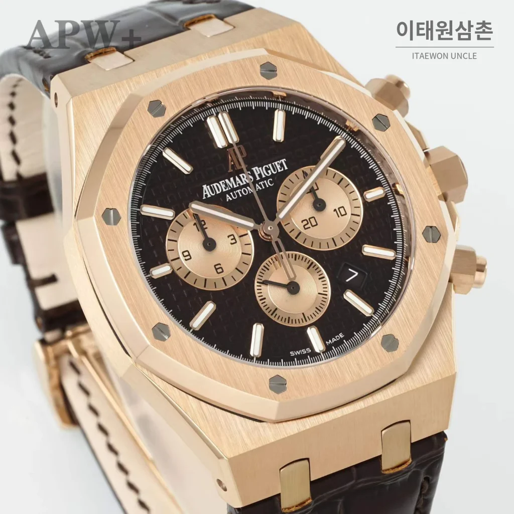 오데마피게 로열오크 크로노그래프 스틸 오토매틱 41mm 26331OR 블랙 다이얼 브라운 가죽 스트랩 로즈골드 베젤