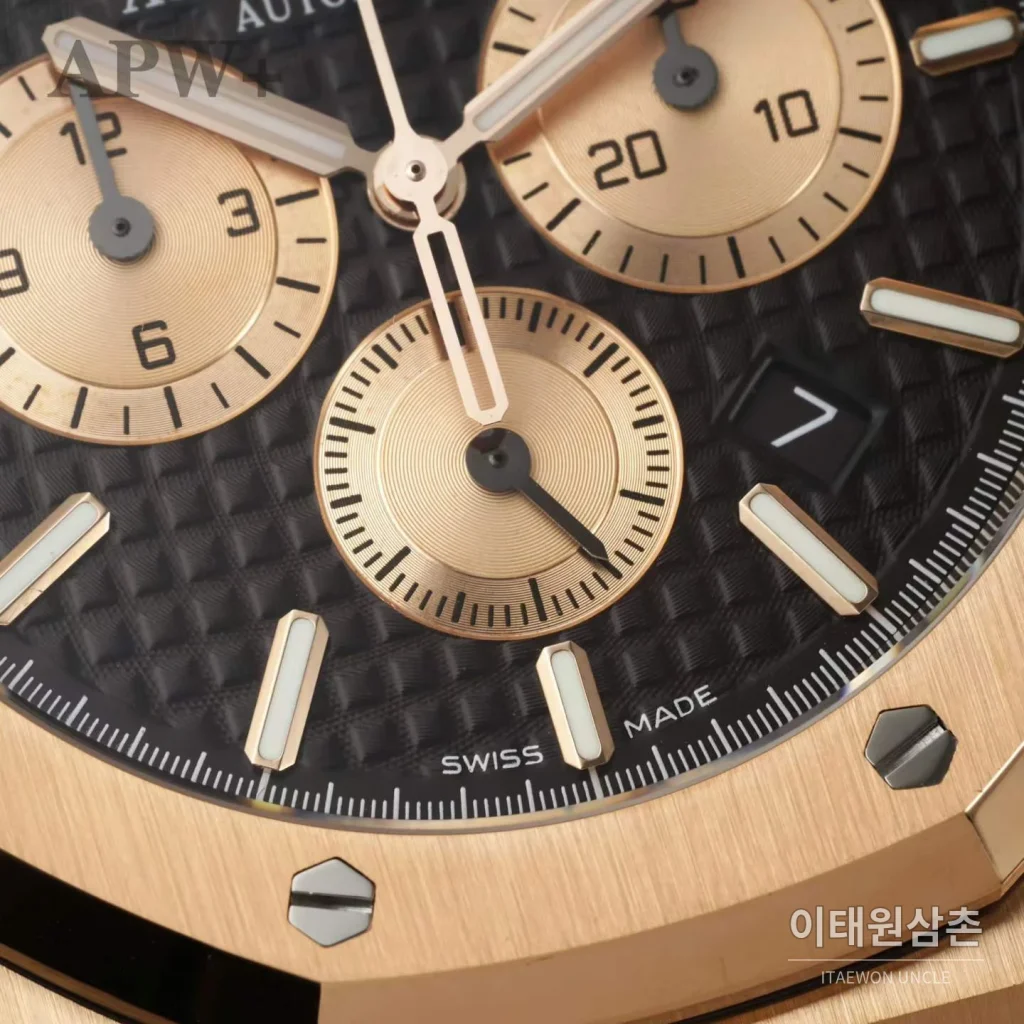 오데마피게 로열오크 크로노그래프 스틸 오토매틱 41mm 26331OR 블랙 다이얼 브라운 가죽 스트랩 로즈골드 베젤
