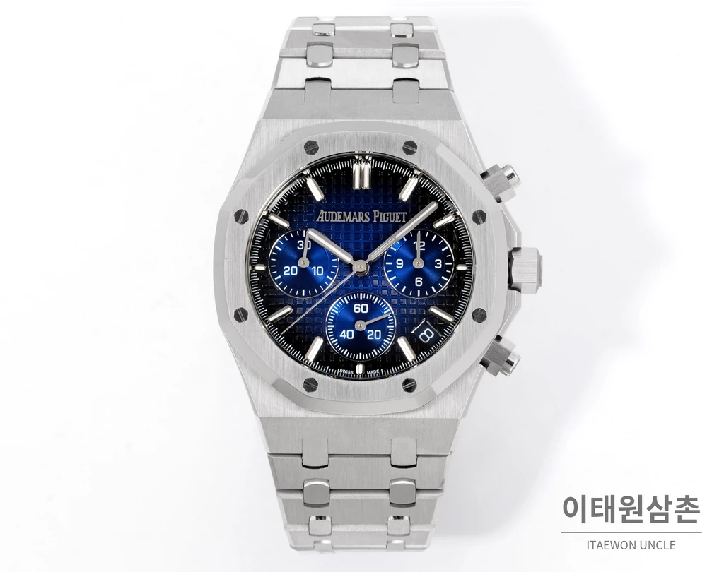 오데마피게 로열오크 크로노그래프 스틸 실버 베젤 네이비 다이얼 오토매틱 41mm