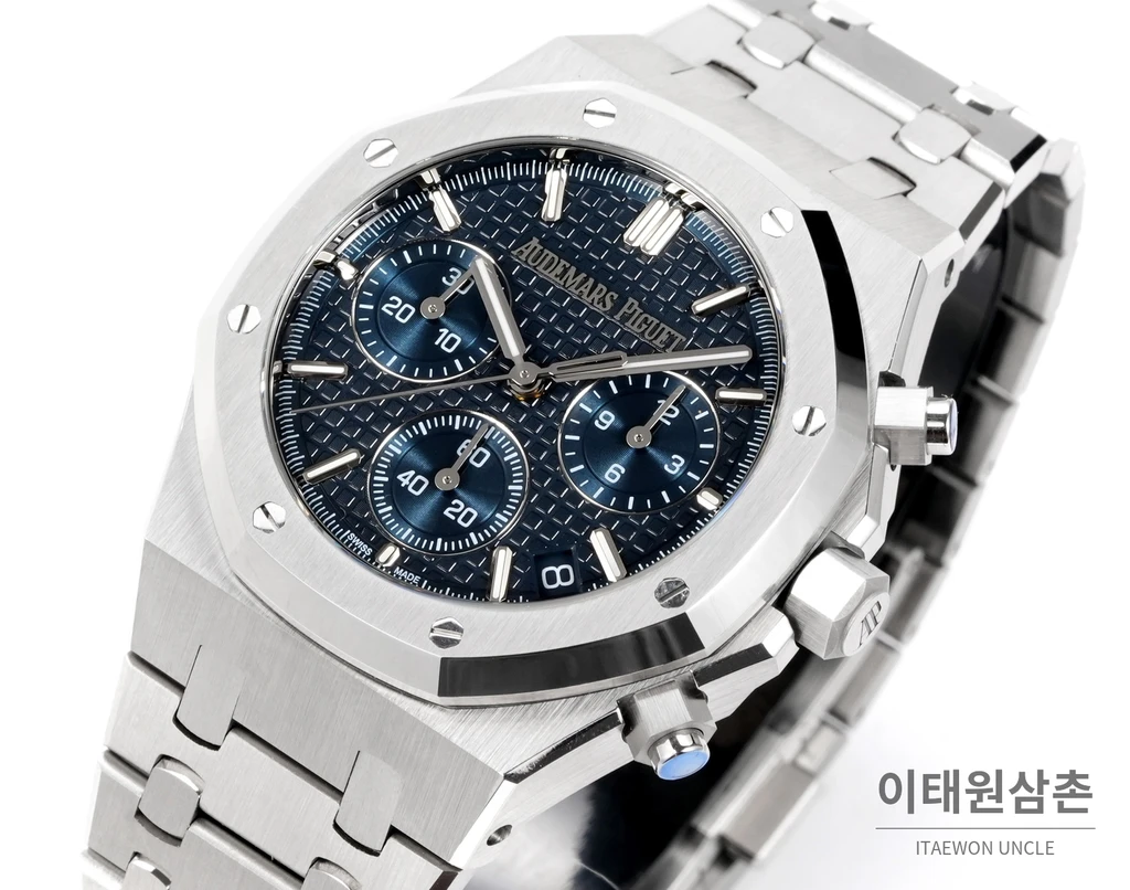 오데마피게 로열오크 크로노그래프 스틸 실버 베젤 코발트 다이얼 오토매틱 41mm