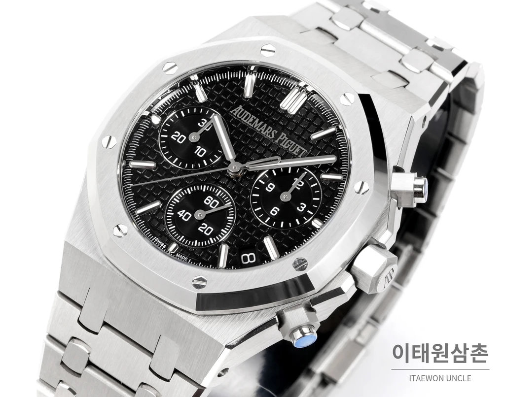 오데마피게 로열오크 크로노그래프 스틸 실버 베젤 블랙 다이얼 오토매틱 41mm