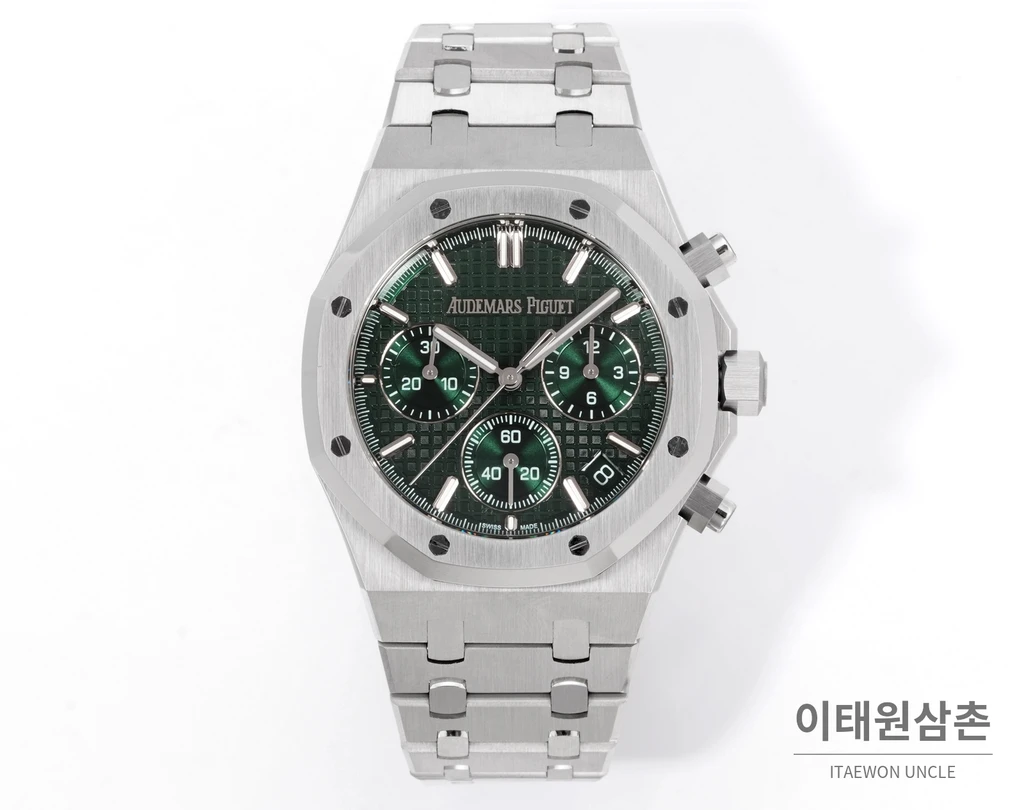 오데마피게 로열오크 크로노그래프 스틸 실버 베젤 그린 다이얼 오토매틱 41mm