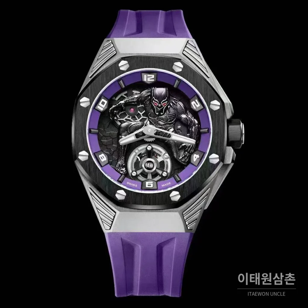 오데마피게 로열오크 컨셉 블랙팬서 스켈레톤 플로팅 투르비옹 수동 42mm 26620 퍼플 다이얼 퍼플 러버 스트랩 블랙 베젤