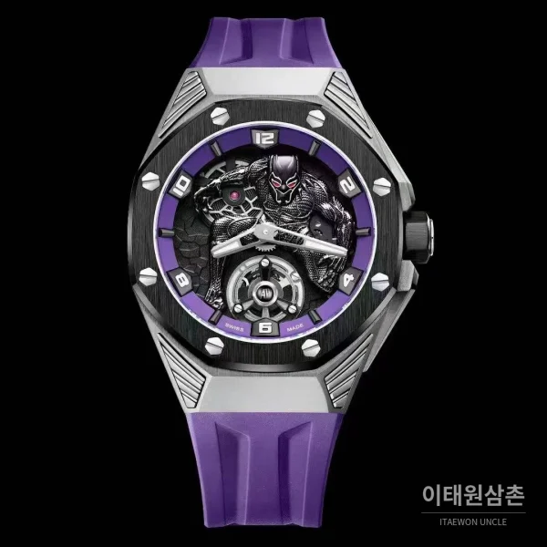 오데마피게 로열오크 컨셉 블랙팬서 스켈레톤 플로팅 투르비옹 수동 42mm 26620 퍼플 다이얼 퍼플 러버 스트랩 블랙 베젤