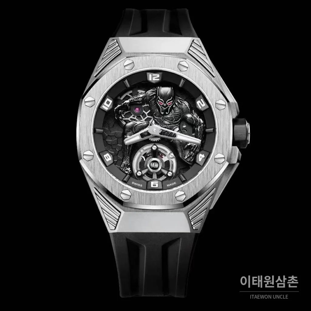 오데마피게 로열오크 컨셉 블랙팬서 스켈레톤 플로팅 투르비옹 수동 42mm 26620 스켈레톤 다이얼 블랙 러버 스트랩 실버 베젤