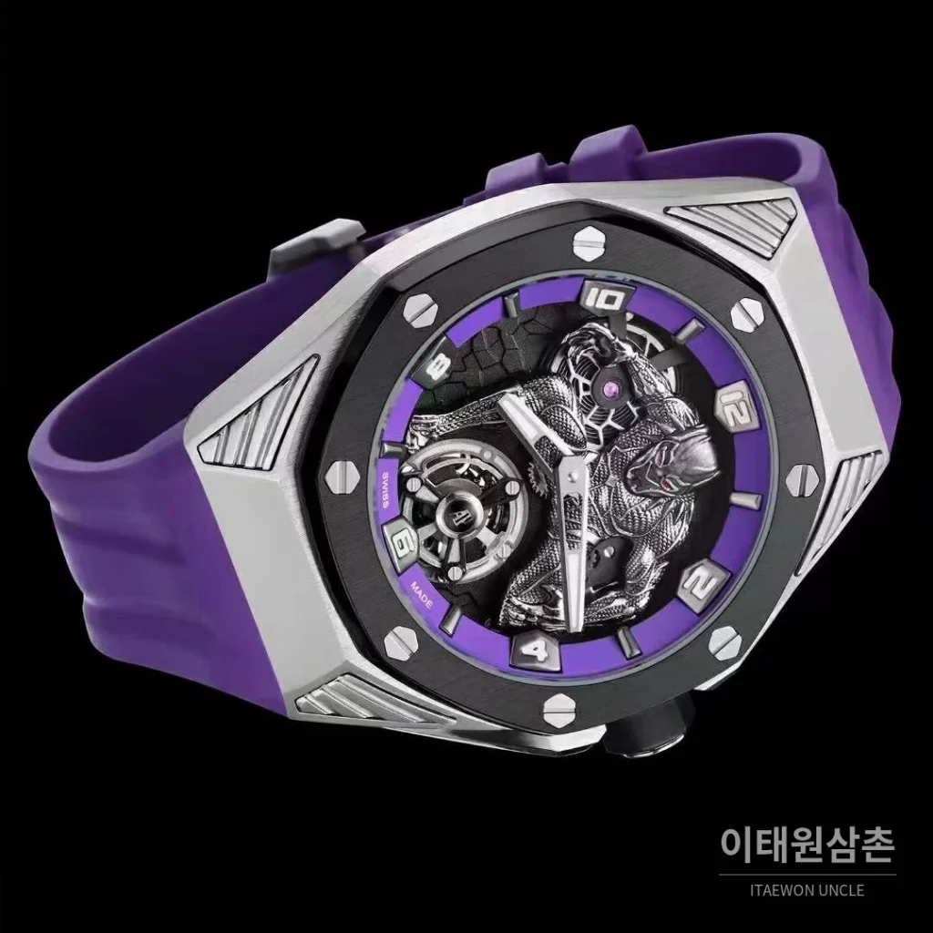 오데마피게 로열오크 컨셉 블랙팬서 스켈레톤 플로팅 투르비옹 수동 42mm 26620 퍼플 다이얼 퍼플 러버 스트랩 블랙 베젤