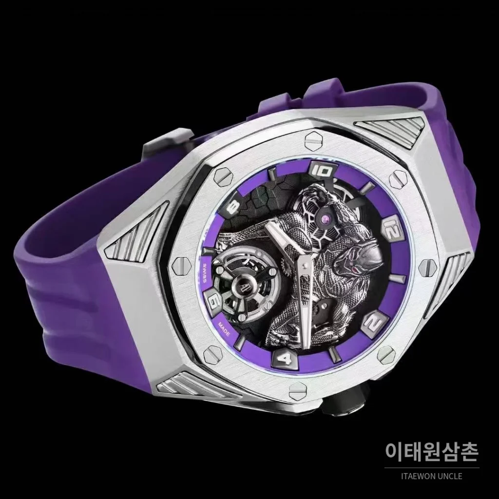 오데마피게 로열오크 컨셉 블랙팬서 스켈레톤 플로팅 투르비옹 수동 42mm 26620 퍼플 다이얼 퍼플 러버 스트랩 티타늄 케이스