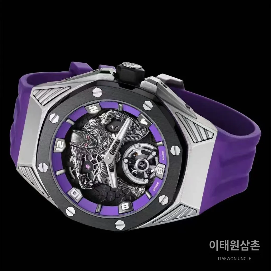 오데마피게 로열오크 컨셉 블랙팬서 스켈레톤 플로팅 투르비옹 수동 42mm 26620 퍼플 다이얼 퍼플 러버 스트랩 블랙 베젤