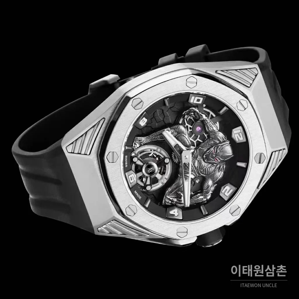 오데마피게 로열오크 컨셉 블랙팬서 스켈레톤 플로팅 투르비옹 수동 42mm 26620 스켈레톤 다이얼 블랙 러버 스트랩 실버 베젤
