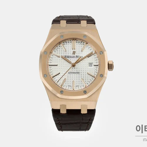 오데마피게 로열오크 골드베젤 화이트다이얼 기계식 37mm 15400 브라운 가죽 스트랩