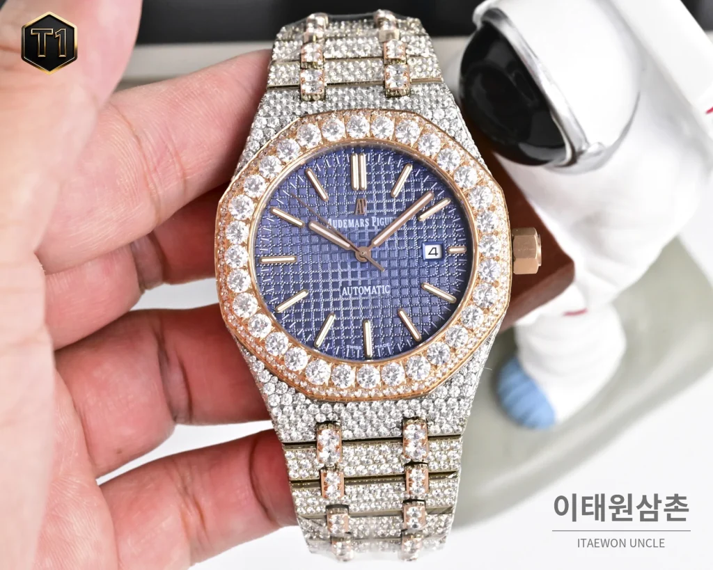 오데마피게 로열오크 모아사나이트 파베세팅 오토매틱 41mm 실버 로즈골드 브레이슬릿 로즈골드 베젤