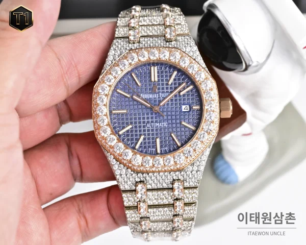 오데마피게 로열오크 모아사나이트 파베세팅 오토매틱 41mm 실버 로즈골드 브레이슬릿 로즈골드 베젤