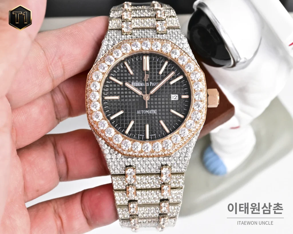 오데마피게 로열오크 모아사나이트 파베세팅 오토매틱 41mm 실버 투톤 브레이슬릿 로즈골드 베젤