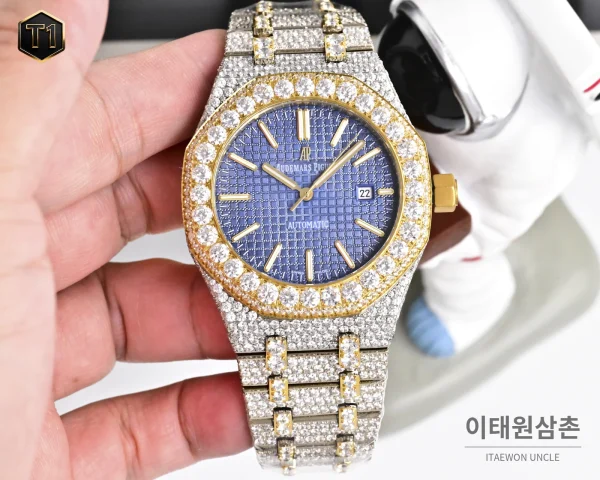 오데마피게 로열오크 모아사나이트 파베세팅 오토매틱 41mm 실버 투톤 브레이슬릿 골드 베젤