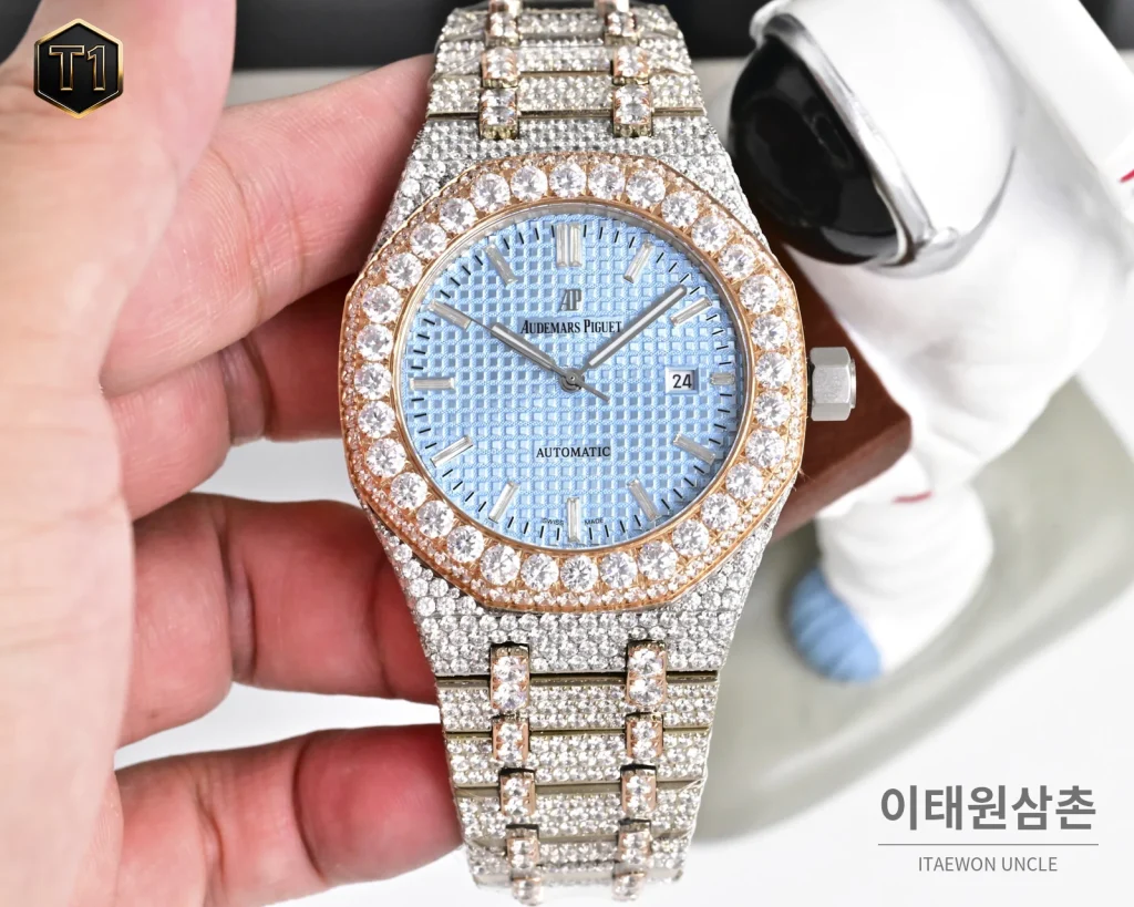 오데마피게 로열오크 모아사나이트 파베세팅 오토매틱 41mm 실버 로즈골드 브레이슬릿 로즈골드 베젤