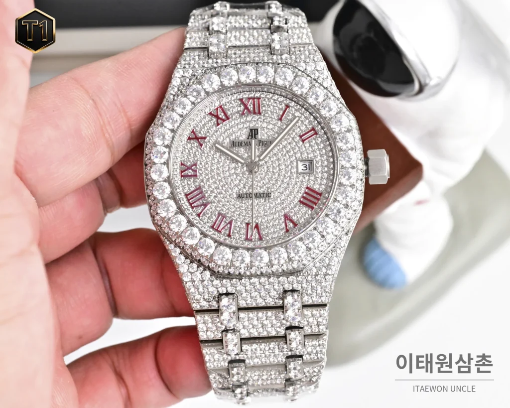 오데마피게 로열오크 모아사나이트 파베세팅 커스텀 오토매틱 41mm 실버 스틸 브레이슬릿 (2)