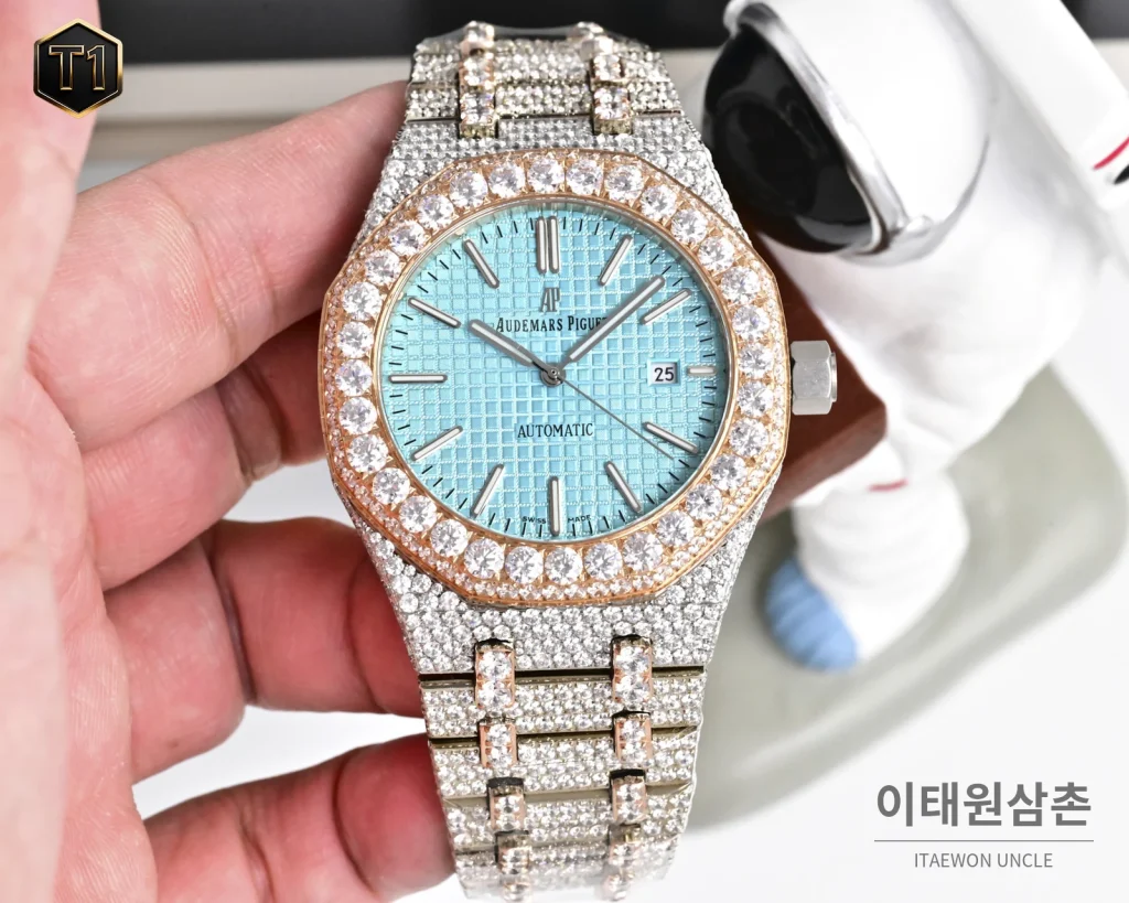 오데마피게 로열오크 모아사나이트 파베세팅 오토매틱 41mm 실버 로즈골드 브레이슬릿 로즈골드 베젤