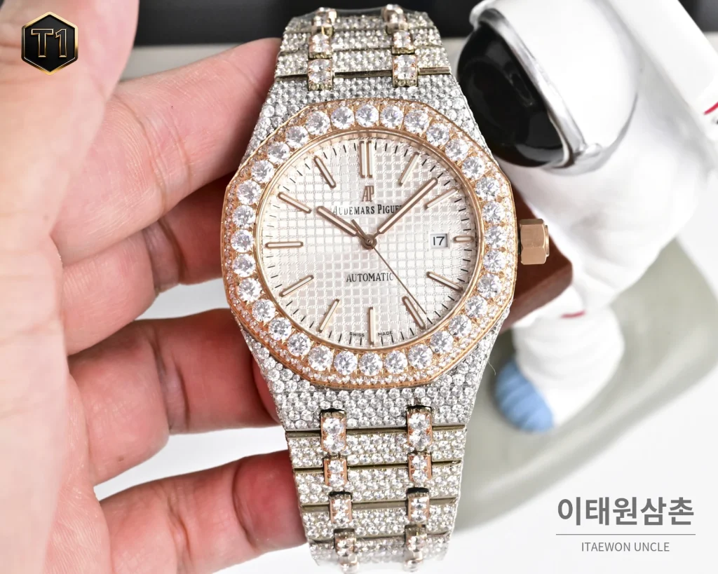 오데마피게 로열오크 모아사나이트 파베세팅 오토매틱 41mm 실버 투톤 브레이슬릿 로즈골드 베젤