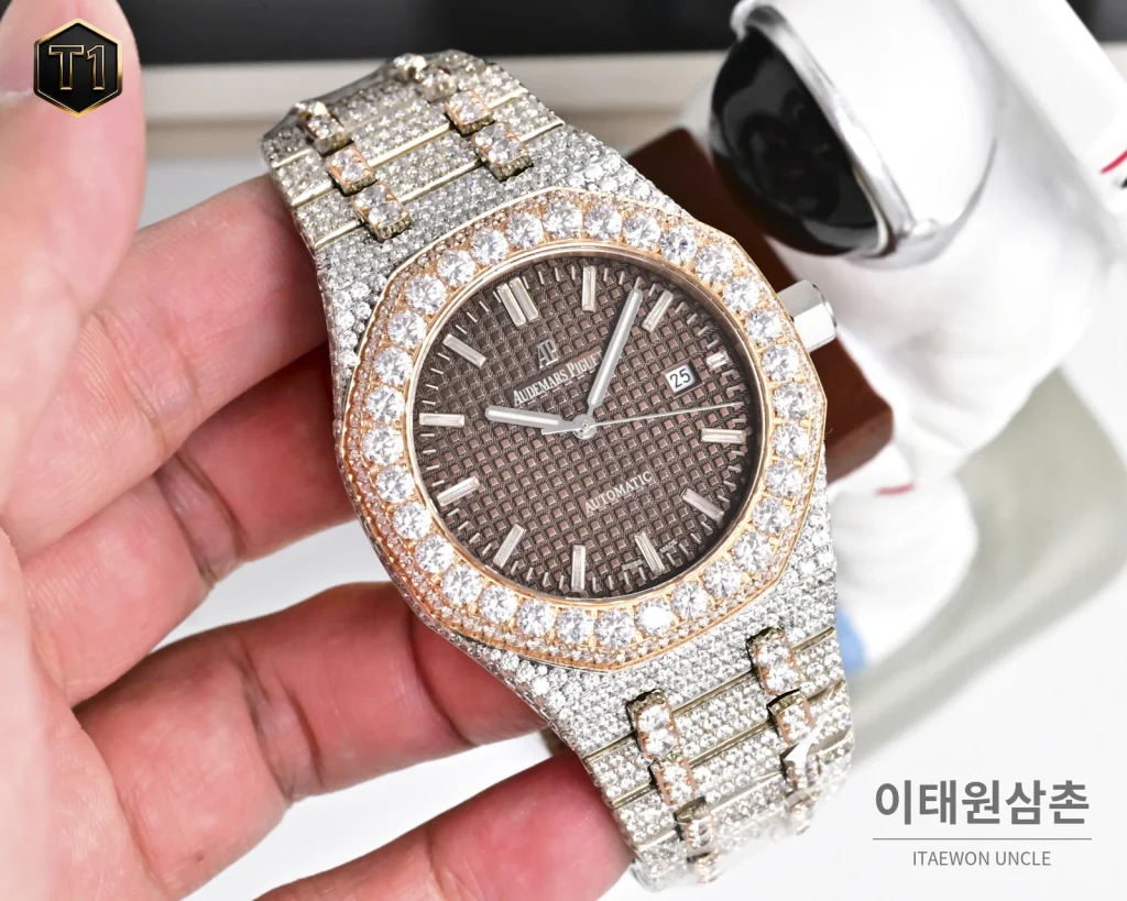 오데마피게 로열오크 모아사나이트 파베세팅 오토매틱 41mm 실버 투톤 브레이슬릿 로즈골드 베젤
