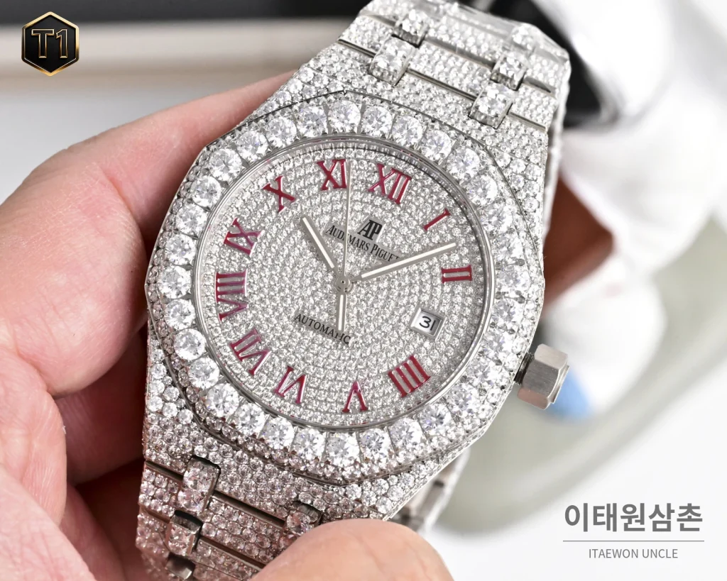 오데마피게 로열오크 모아사나이트 파베세팅 커스텀 오토매틱 41mm 실버 스틸 브레이슬릿 (2)