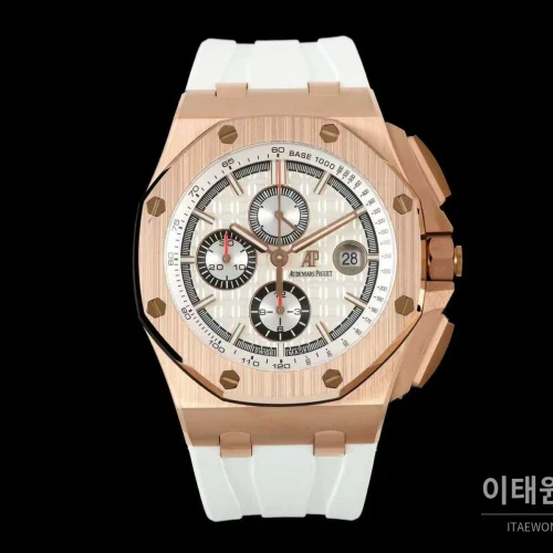 오데마피게 로열오크 오프쇼어 세라믹 블랙다이얼 크로노그래프 오토매틱 44mm 화이트 러버 스트랩 로즈골드 베젤