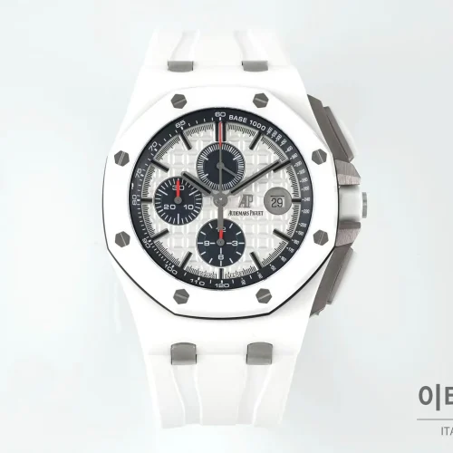 오데마피게 로열오크 오프쇼어 세라믹 블랙다이얼 크로노그래프 오토매틱 44mm 화이트 러버 스트랩 화이트 베젤