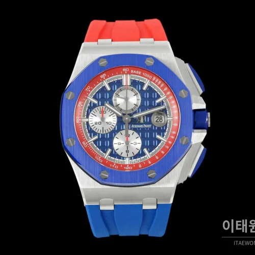 오데마피게 로열오크 오프쇼어 세라믹 블랙다이얼 크로노그래프 오토매틱 44mm 러버 스트랩 블루 베젤