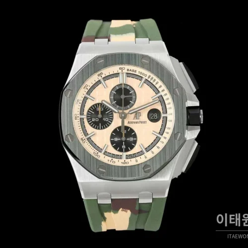 오데마피게 로열오크 오프쇼어 세라믹 블랙다이얼 크로노그래프 오토매틱 44mm 멀티컬러 러버 스트랩 그레이 베젤