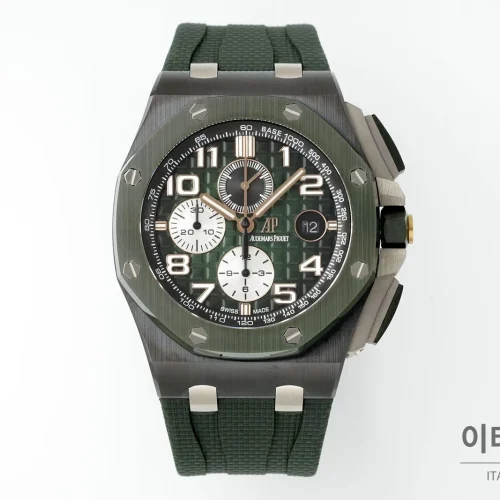 오데마피게 로열오크 오프쇼어 세라믹 블랙다이얼 크로노그래프 오토매틱 44mm 그린 러버 스트랩 그린 베젤