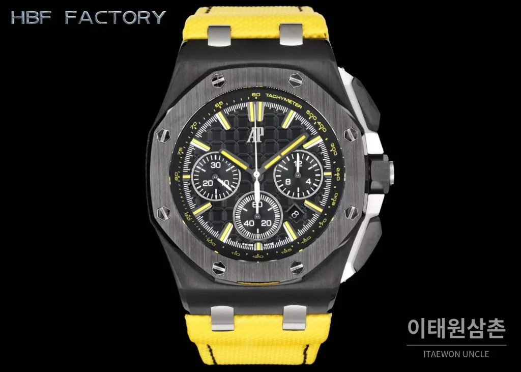 오데마피게 로열오크 오프쇼어 크로노그래프 오토매틱 44mm 블랙 옐로우 러버 스트랩