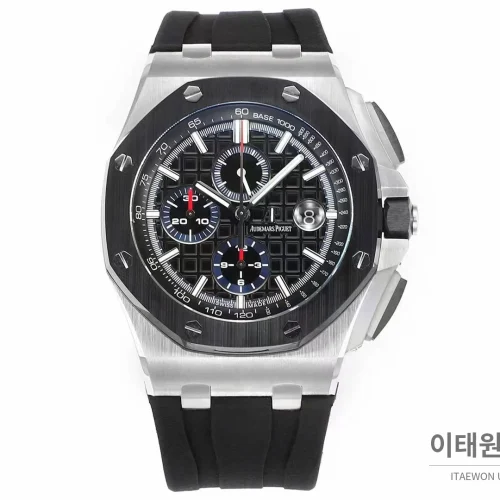 오데마피게 로열오크 오프쇼어 크로노그래프 플래티넘 톤 세라믹 베젤 오토매틱 44mm 실버 / 블랙 블랙 러버 스트랩 (2)