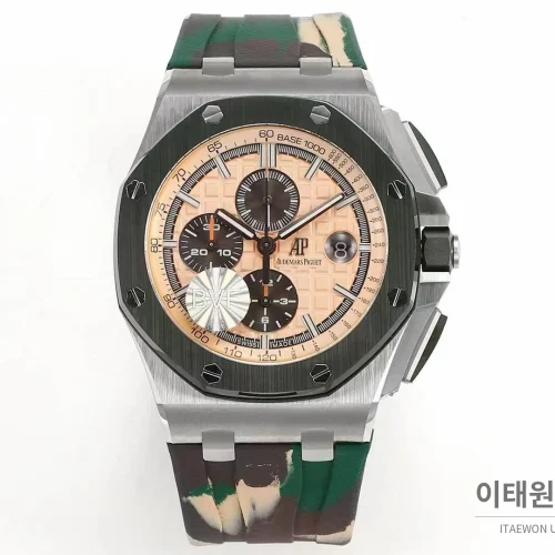오데마피게 로열오크 오프쇼어 크로노그래프 플래티넘 톤 세라믹 베젤 오토매틱 44mm 실버 / 블랙 멀티컬러 러버 스트랩