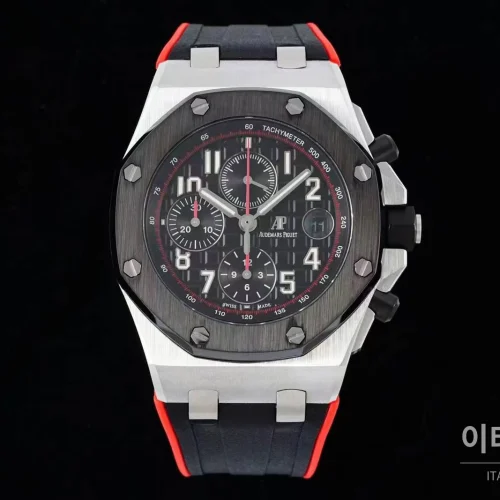 오데마피게 로열오크오프쇼어 스틸 블루다이얼 크로노그래프 오토매틱 42mm 레드 러버 스트랩 블랙 베젤