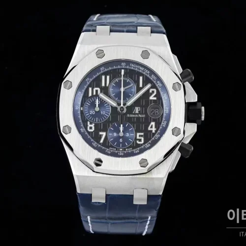 오데마피게 로열오크오프쇼어 스틸 블루다이얼 크로노그래프 오토매틱 42mm 네이비 가죽 스트랩