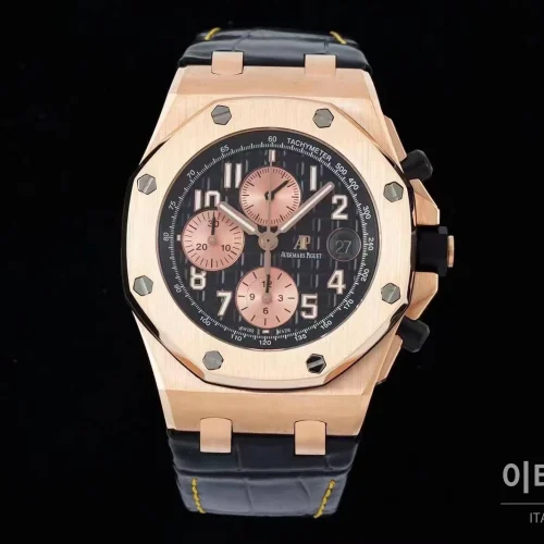 오데마피게 로열오크오프쇼어 스틸 블루다이얼 크로노그래프 오토매틱 42mm 블랙 가죽 스트랩 로즈골드 베젤