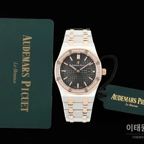 오데마피게 로열오크 스와로브스키 베젤 그랑 타피스리 쿼츠 33mm 67651OR 블랙 다이얼 투톤 브레이슬릿