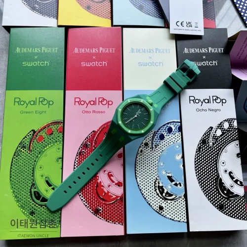 오데마피게 스와치 로열 팝 스타일 바이오세라믹 쿼츠 42mm 탄 그린 다이얼 그린 러버 스트랩 오데마피게 스와치 로열 팝 스타일 바이오세라믹 쿼츠 42mm 탄 그린 다이얼 그린 러버 스트랩