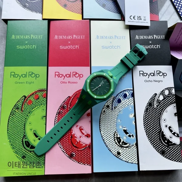 오데마피게 스와치 로열 팝 스타일 바이오세라믹 쿼츠 42mm 탄 그린 다이얼 그린 러버 스트랩 오데마피게 스와치 로열 팝 스타일 바이오세라믹 쿼츠 42mm 탄 그린 다이얼 그린 러버 스트랩