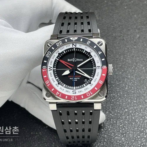벨앤로스 BR-03 GMT 컴퍼스 스테인리스 GMT 오토매틱 42mm BR0393 블랙 다이얼 블랙 러버 스트랩 레드 베젤