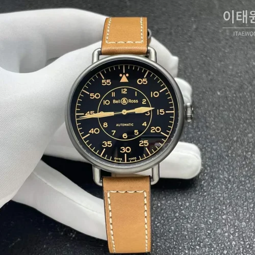 벨앤로스 빈티지 그레이PVD 스틸 블랙다이얼 오토매틱 45mm 브라운 가죽 스트랩 그레이 베젤