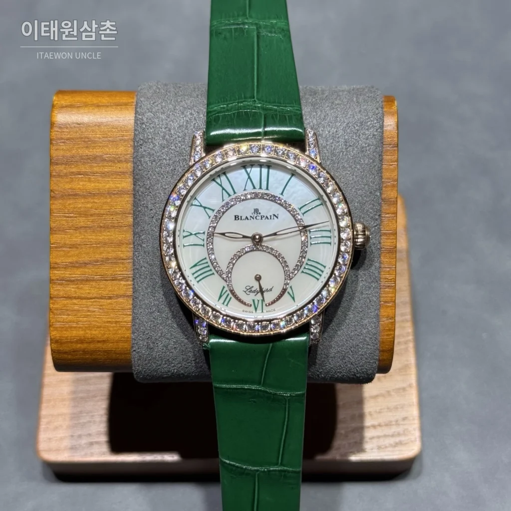 블랑팡 다이아몬드 볼 오토매틱 34.9mm 자개 다이얼 그린 가죽 스트랩 골드 베젤