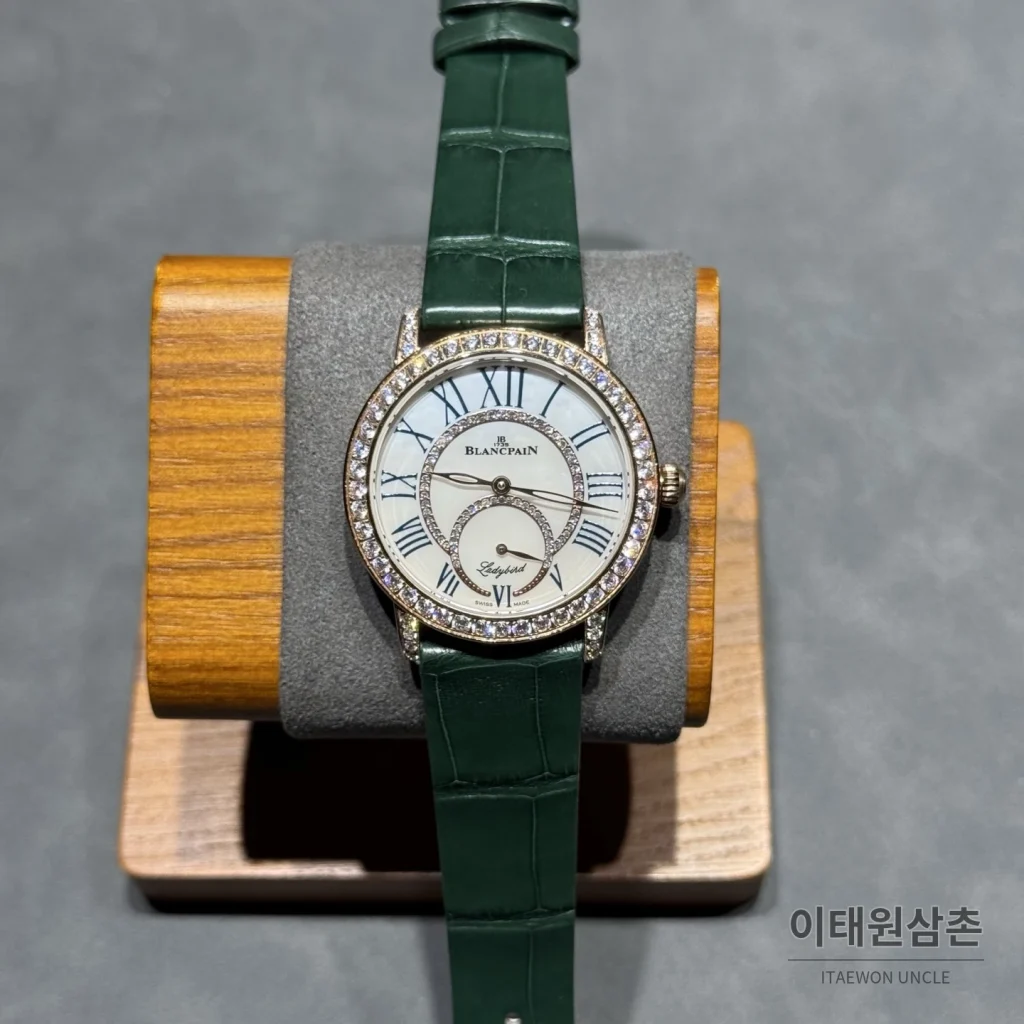 블랑팡 다이아몬드 볼 오토매틱 34.9mm 자개 다이얼 그린 가죽 스트랩 로즈골드 베젤