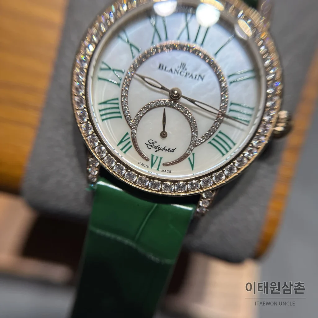 블랑팡 다이아몬드 볼 오토매틱 34.9mm 자개 다이얼 그린 가죽 스트랩 골드 베젤