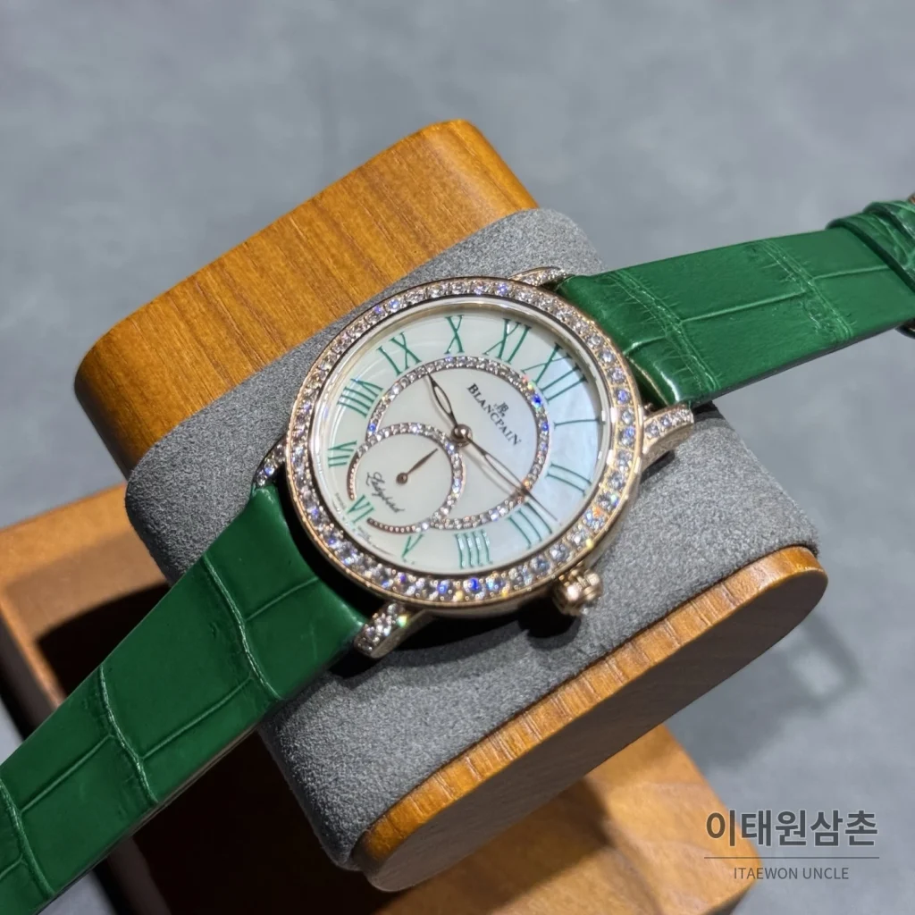 블랑팡 다이아몬드 볼 오토매틱 34.9mm 자개 다이얼 그린 가죽 스트랩 골드 베젤