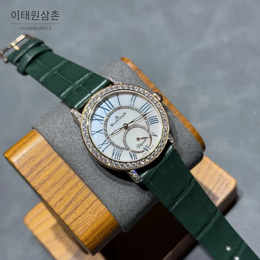 블랑팡 다이아몬드 볼 오토매틱 34.9mm 자개 다이얼 그린 가죽 스트랩 로즈골드 베젤