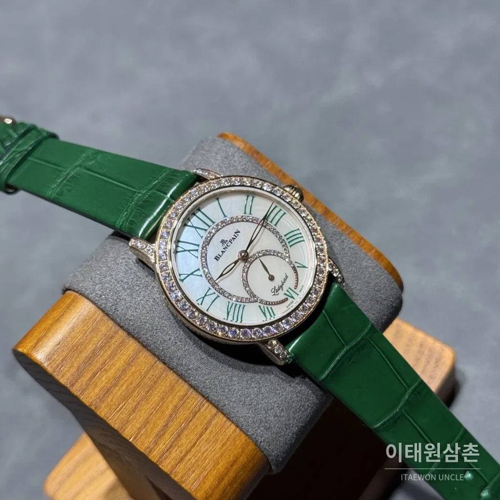 블랑팡 다이아몬드 볼 오토매틱 34.9mm 자개 다이얼 그린 가죽 스트랩 골드 베젤