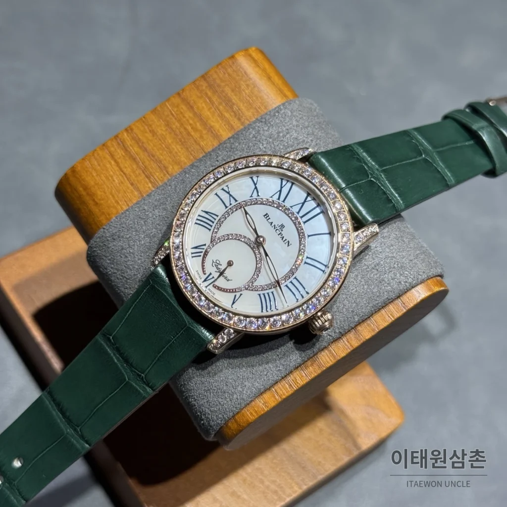 블랑팡 다이아몬드 볼 오토매틱 34.9mm 자개 다이얼 그린 가죽 스트랩 로즈골드 베젤